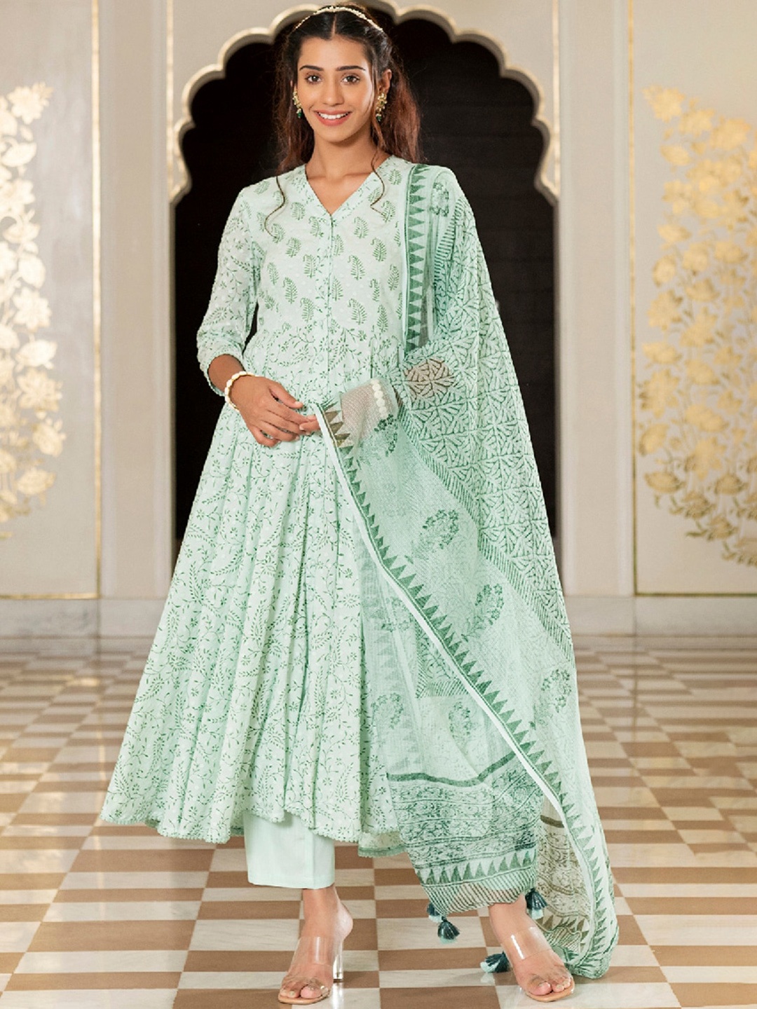 

EverBloom Ethnic Motifs Printed Anarkali Dobby Pure Cotton Kurta with Trousers & Dupatta, Sea green