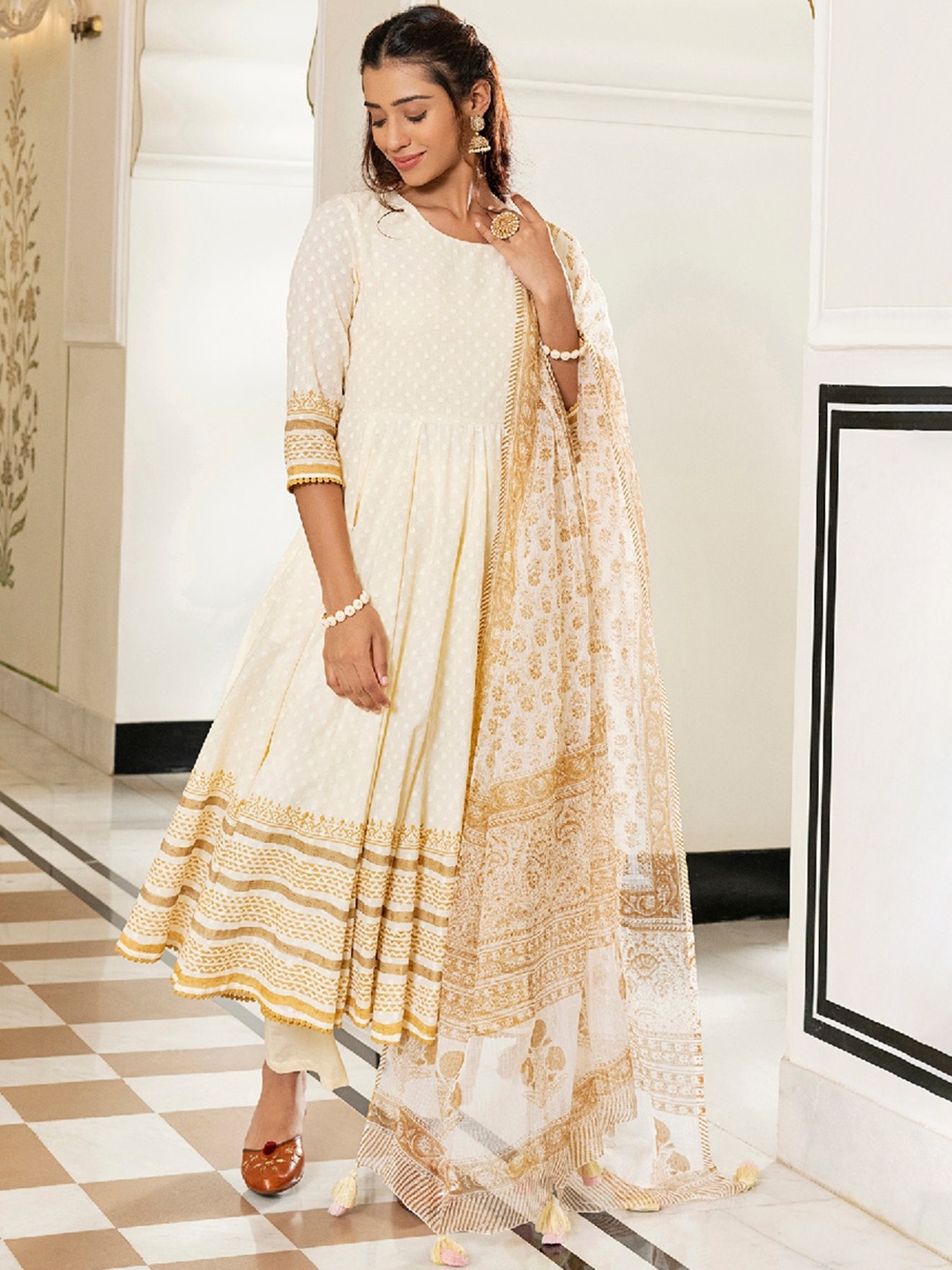 

EverBloom Abstract Self Design Anarkali Dobby Pure Cotton Kurta with Trousers & Dupatta, Beige