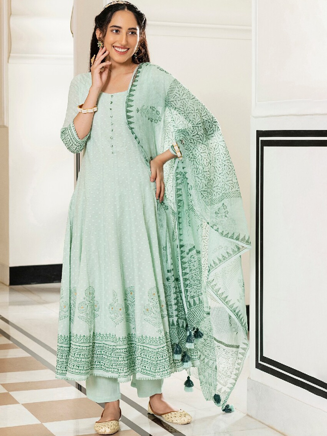 

EverBloom Abstract Self Design Anarkali Dobby Pure Cotton Kurta with Trousers & Dupatta, Sea green