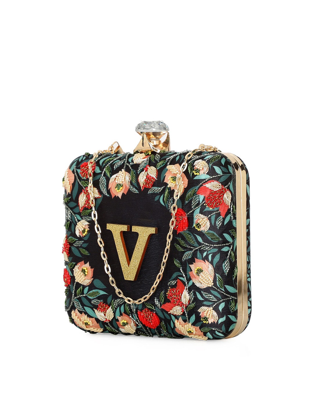 

NR By Nidhi Rathi Women Alphabet Embellished Fabric Box Clutch, Black