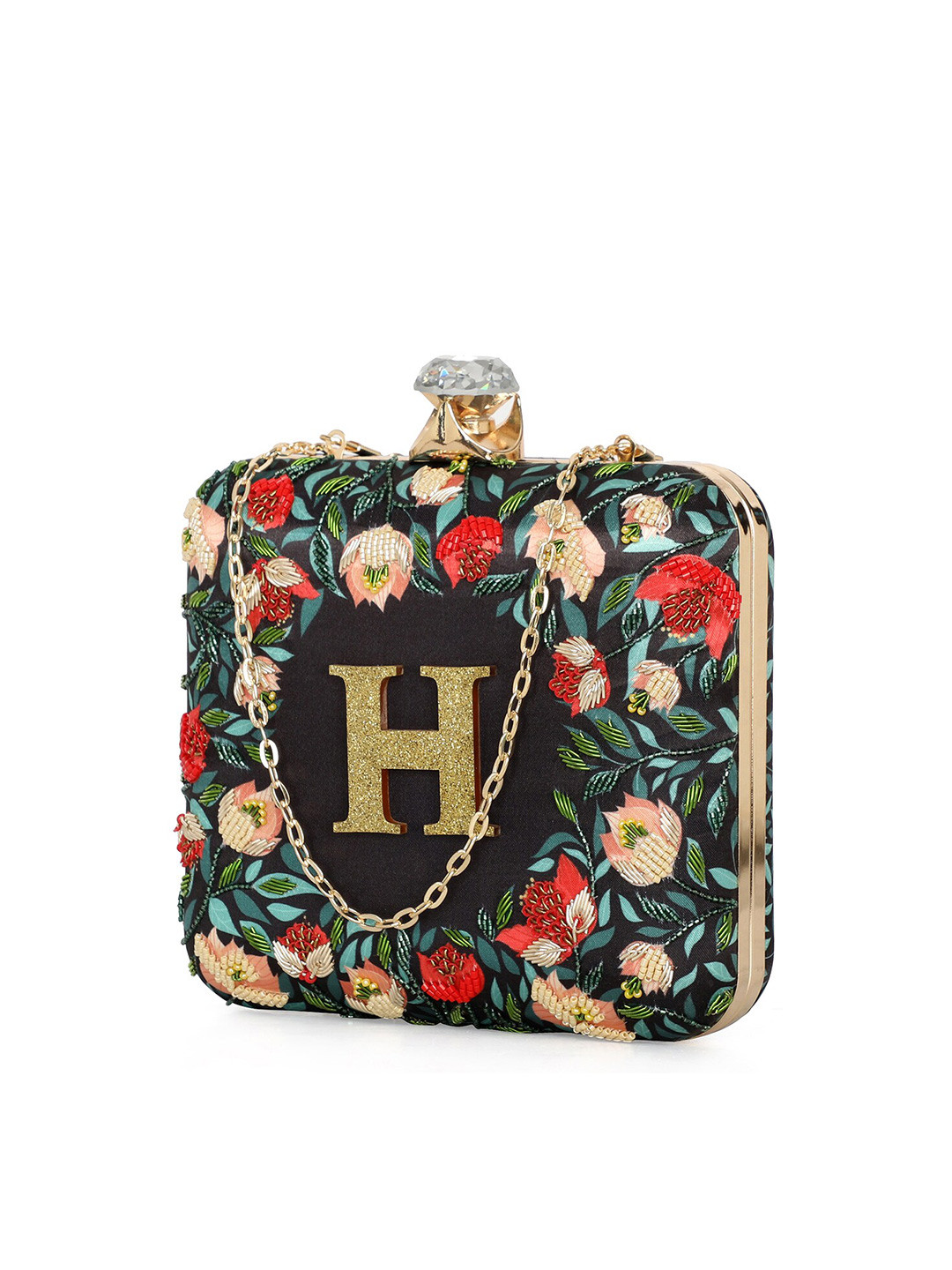 

NR By Nidhi Rathi Women Alphabet Embellished Fabric Box Clutch, Black