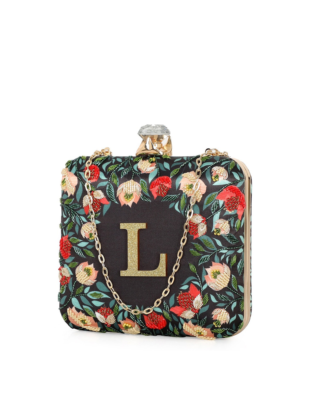 

NR By Nidhi Rathi Women Alphabet Embellished Fabric Box Clutch, Black