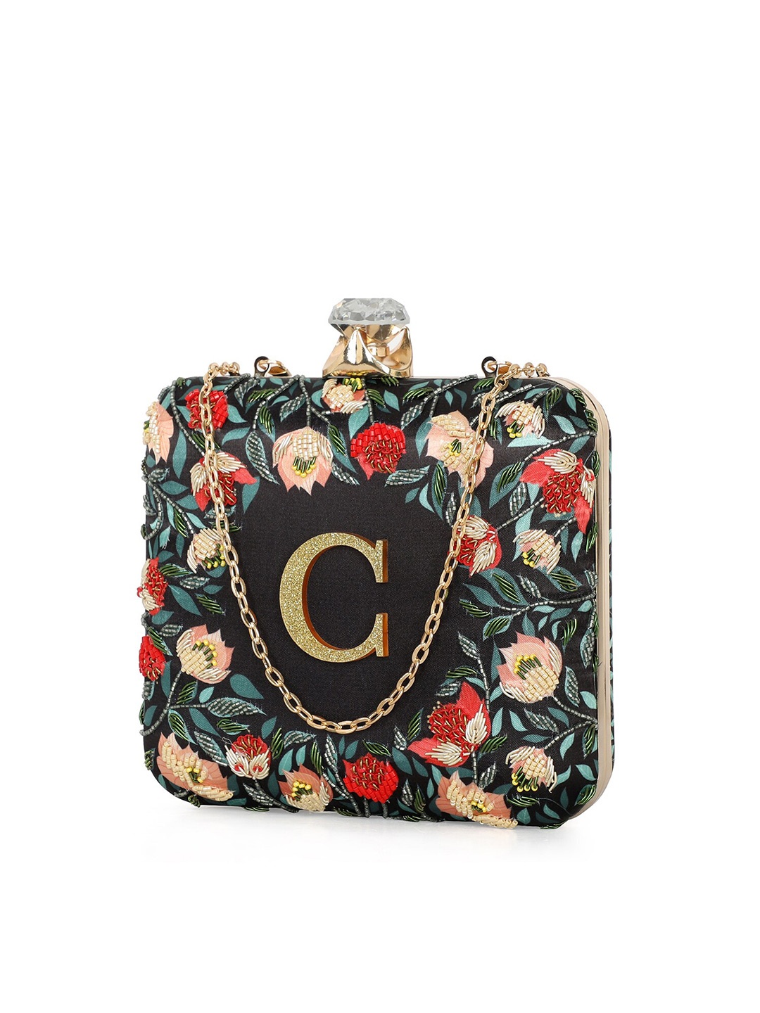 

NR By Nidhi Rathi Women Alphabet Embellished Fabric Box Clutch, Black