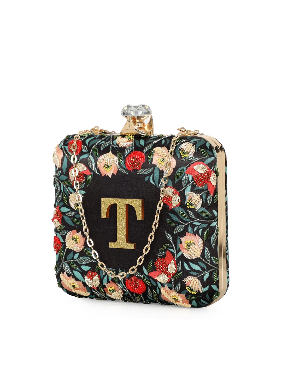 

NR By Nidhi Rathi Women Alphabet Embellished Fabric Box Clutch, Black
