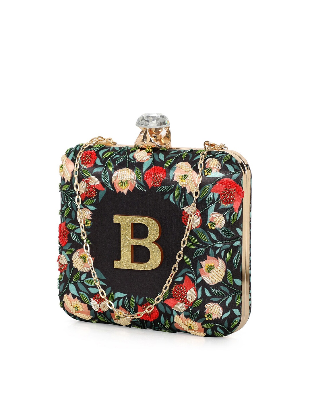 

NR By Nidhi Rathi Women Alphabet Embellished Fabric Box Clutch, Black
