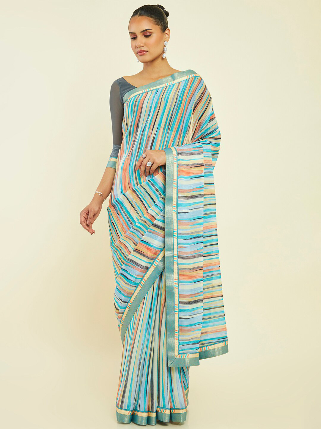 

Soch Abstract Printed Zari Pure Chiffon Saree, Turquoise blue