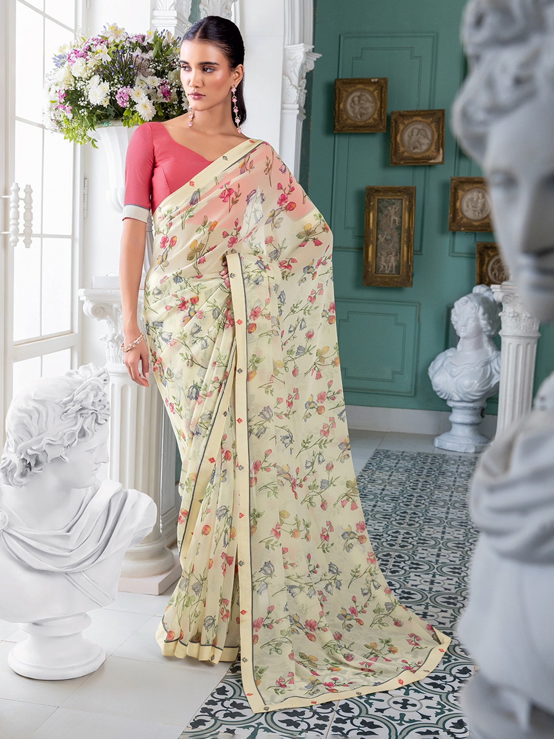 

Soch Floral Printed Pure Georgette Saree, Cream
