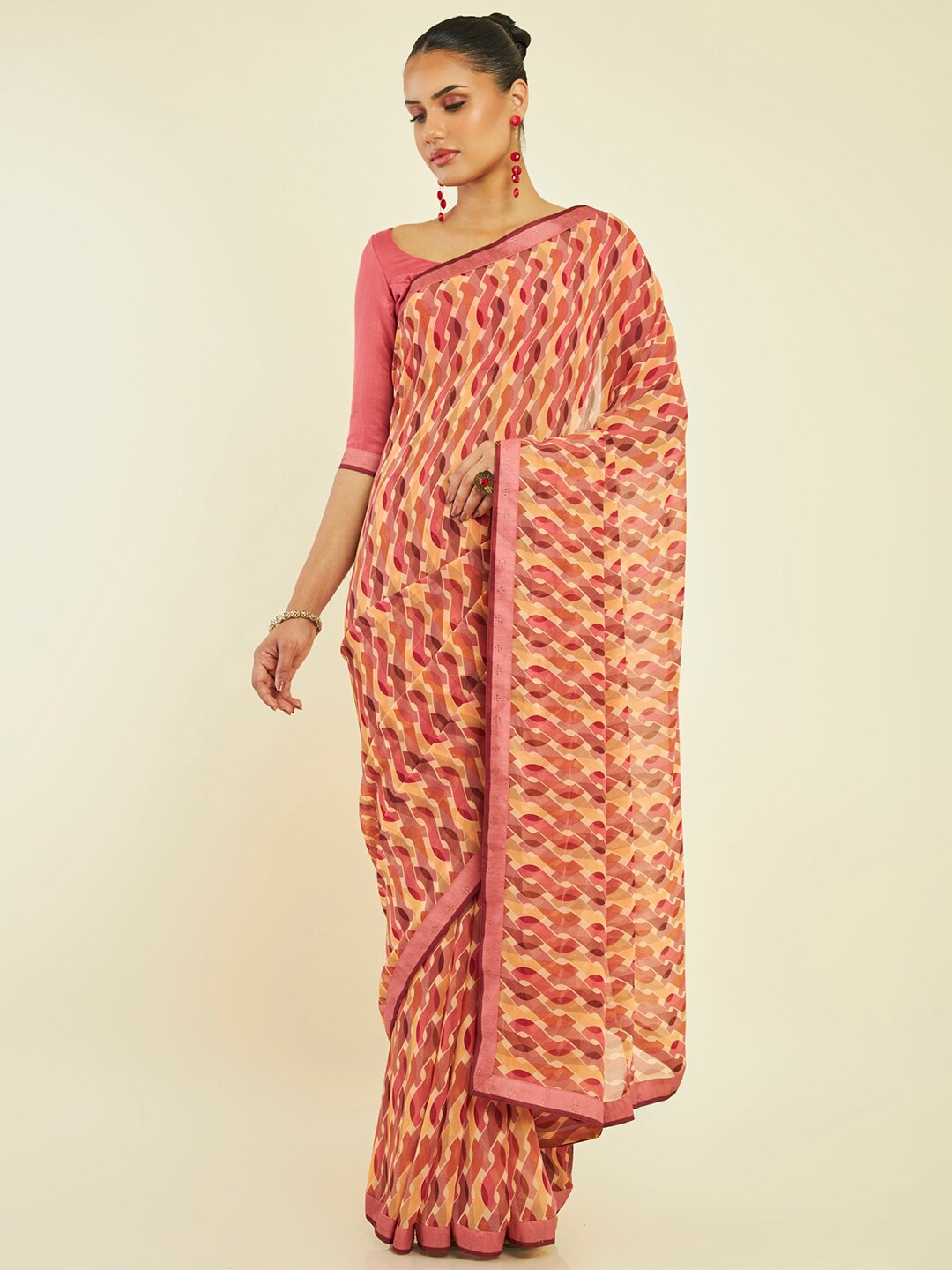 

Soch Abstract Printed Stones Embellished Pure Georgette Saree, Coral