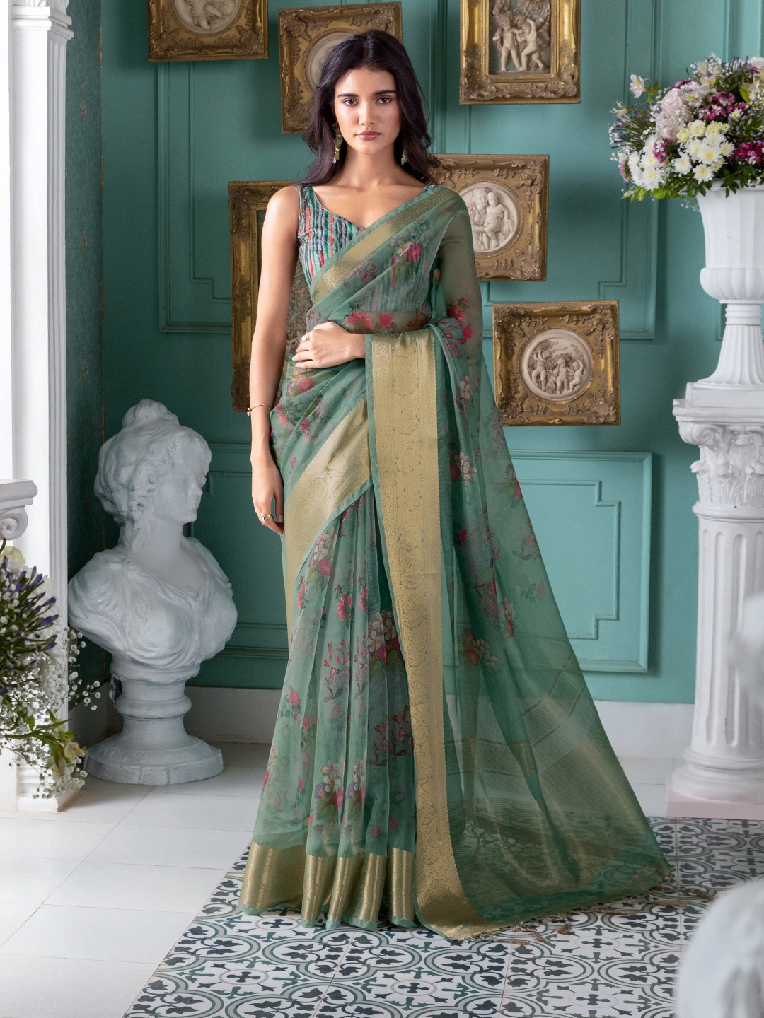 

Soch Floral Zari Organza Saree, Green