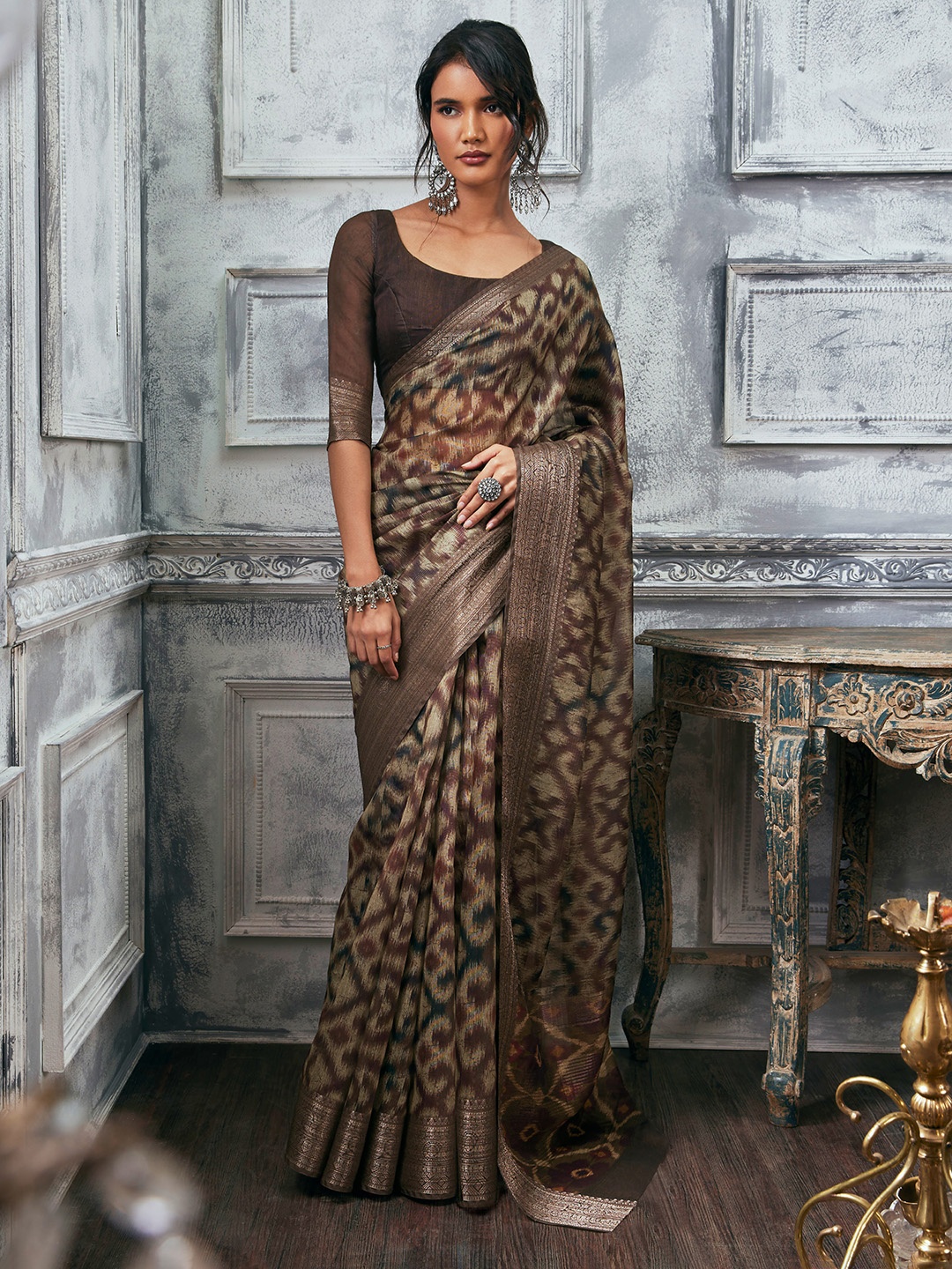 

Soch Ethnic Motifs Zari Tussar Saree, Brown