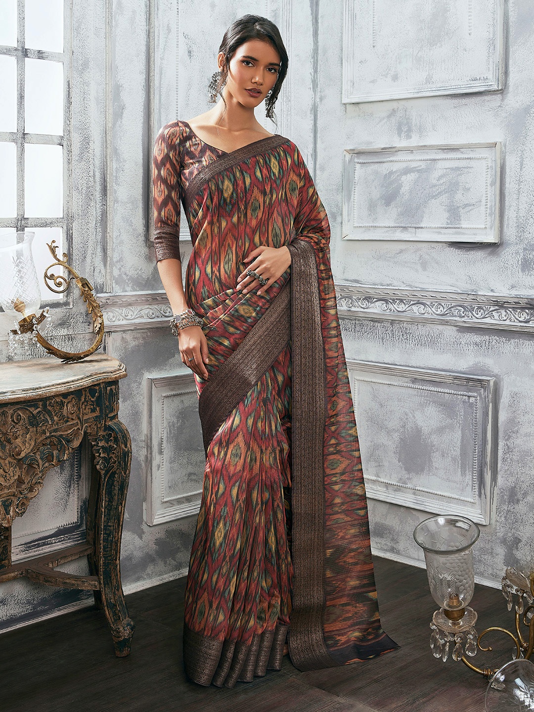 

Soch Ethnic Motifs Printed Zari Tussar Saree, Brown