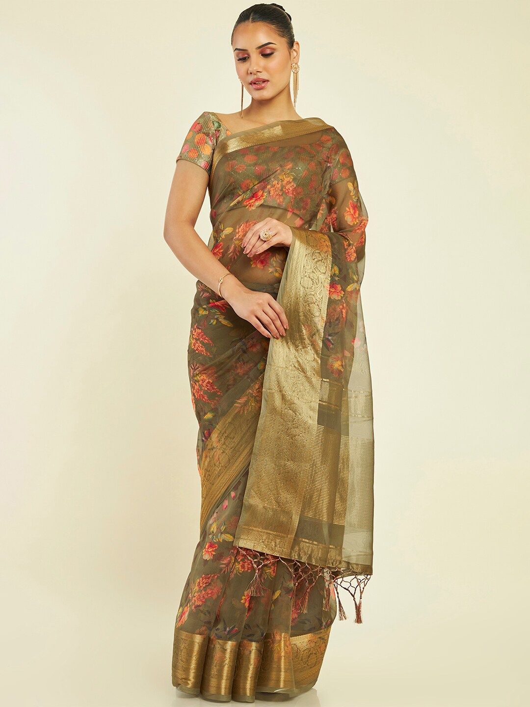 

Soch Floral Printed Zari Organza Saree, Olive