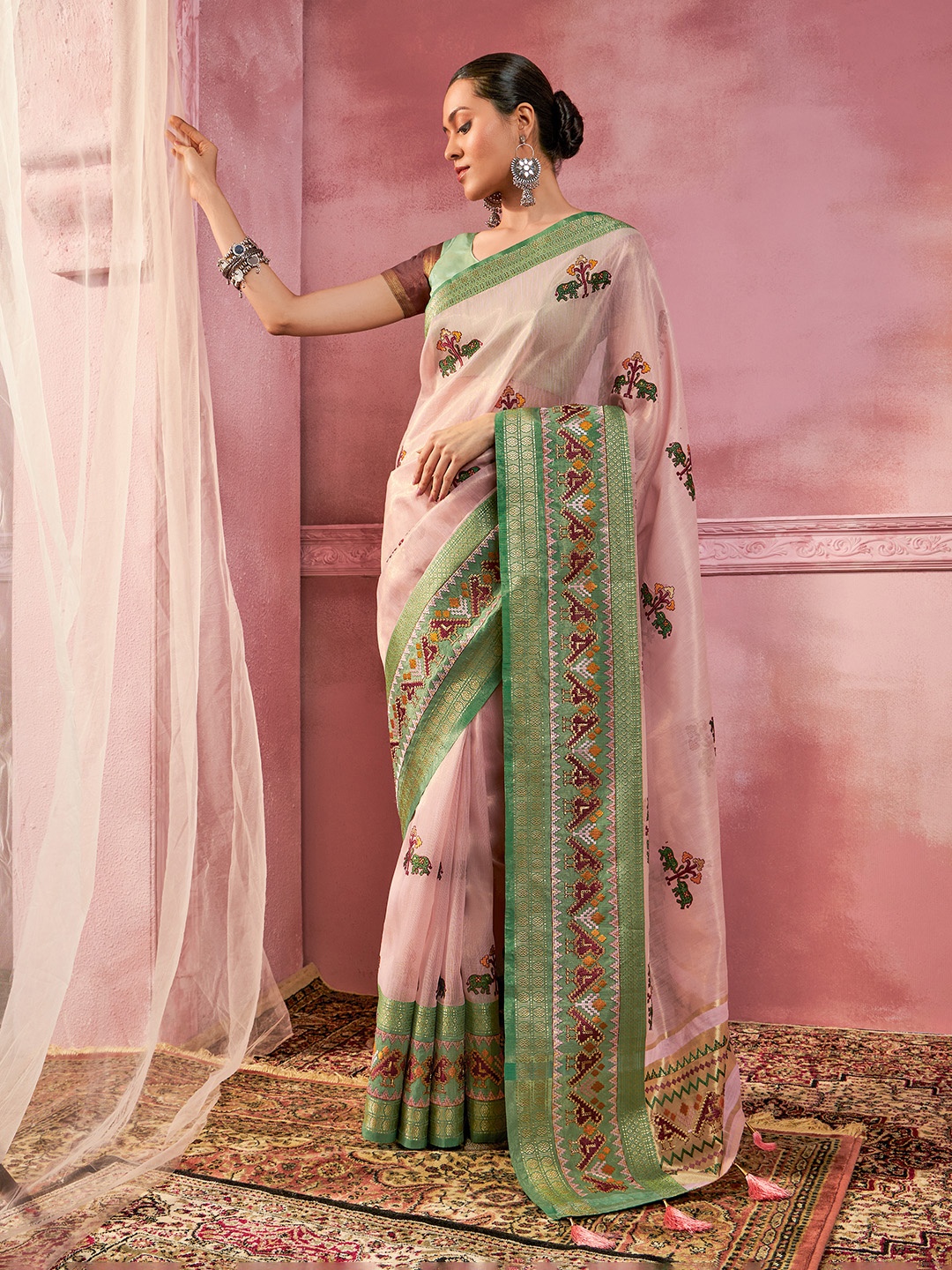 

Soch Ethnic Motifs Embroidered Zari Tissue Kota Saree, Pink