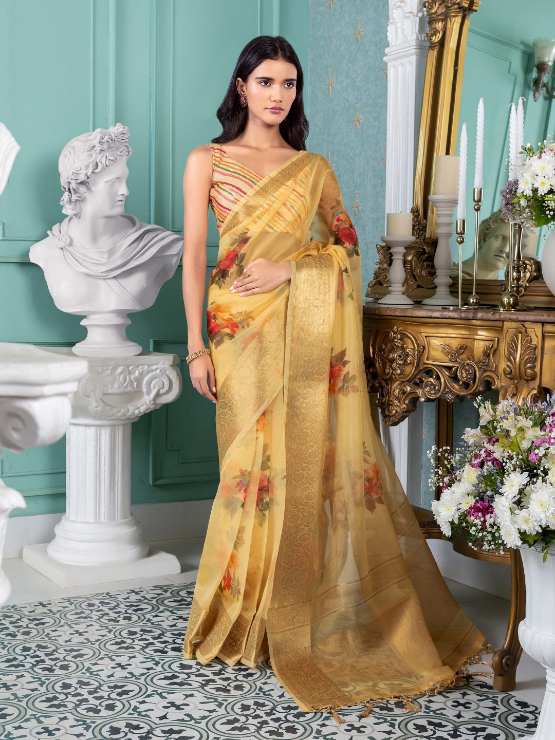 

Soch Floral Printed Zari Organza Saree, Yellow