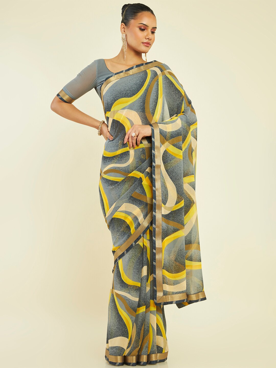 

Soch Abstract Printed Zari Pure Georgette Saree, Grey