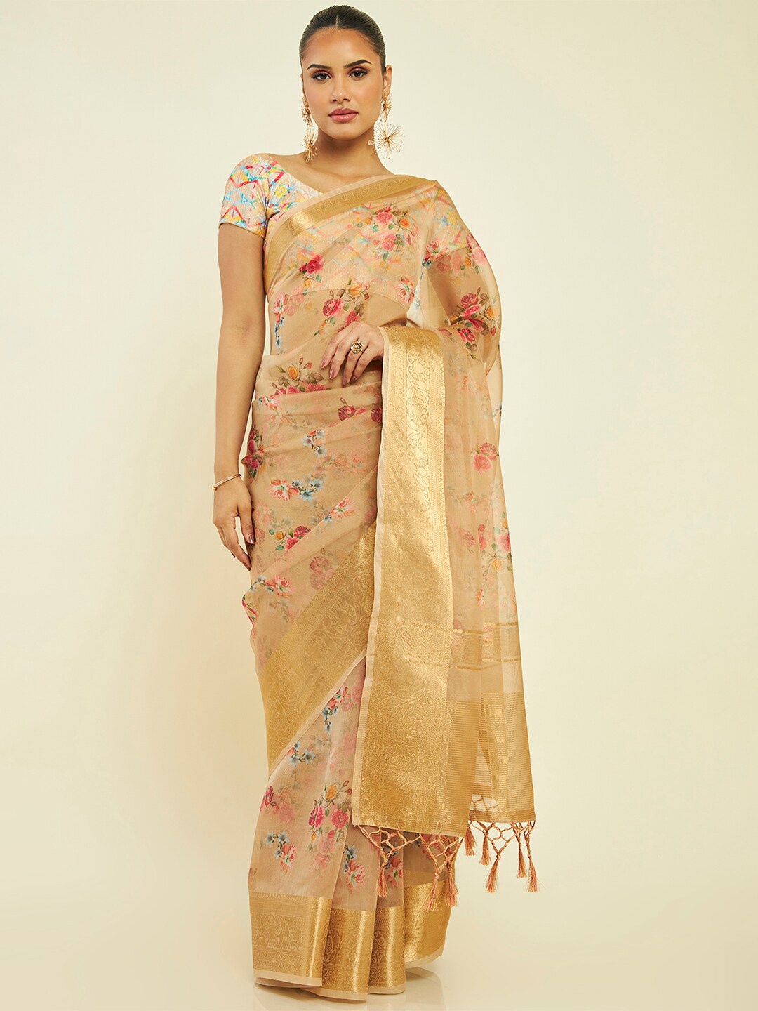 

Soch Floral Printed Zari Organza Saree, Beige