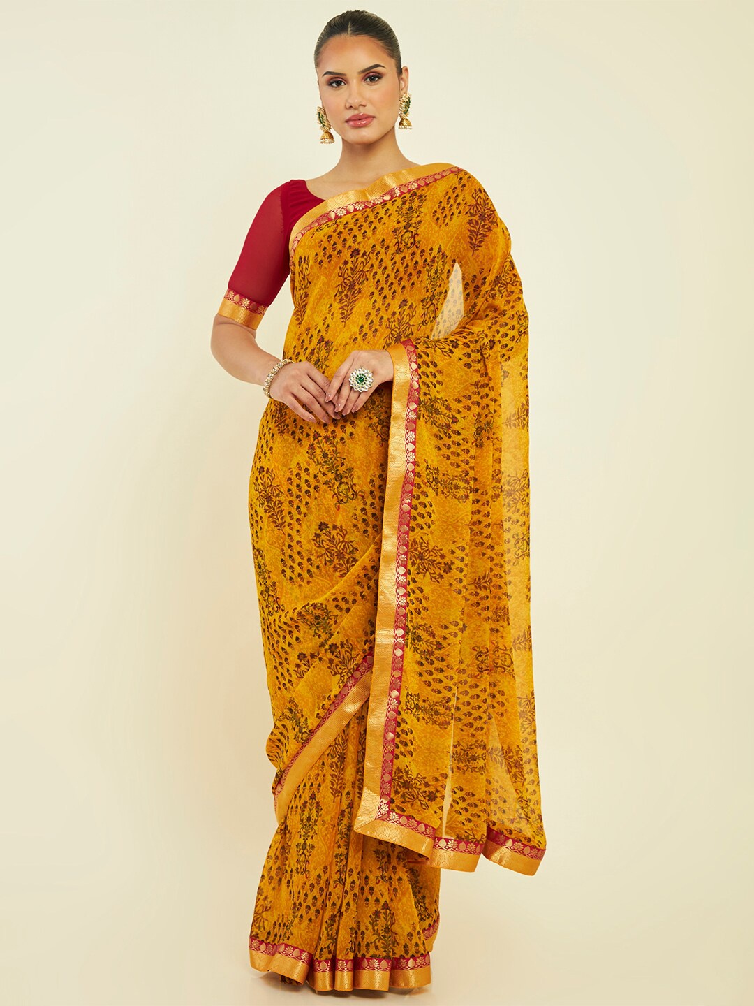 

Soch Ethnic Motifs Printed Pure Georgette Saree, Mustard