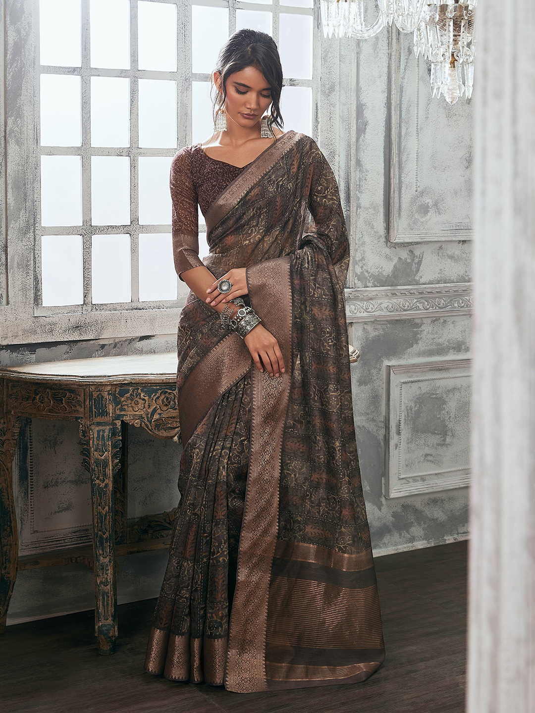 

Soch Ethnic Motifs Zari Silk Blend Tussar Saree, Brown