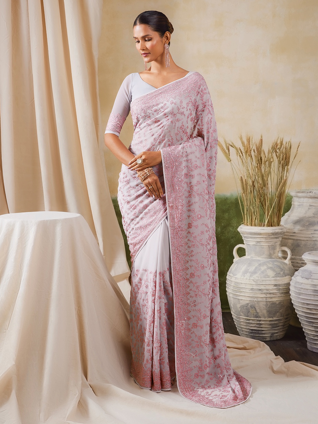 Soch Floral Embroidered Pure Georgette Saree, Grey