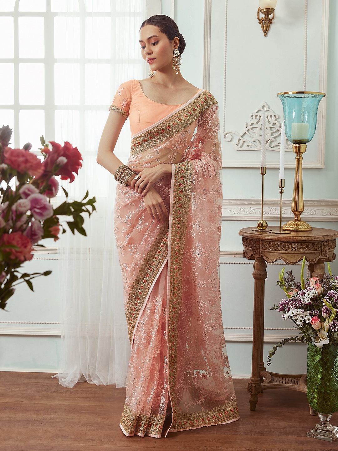 Soch Floral Embroidered Stone Work Net Saree, Peach