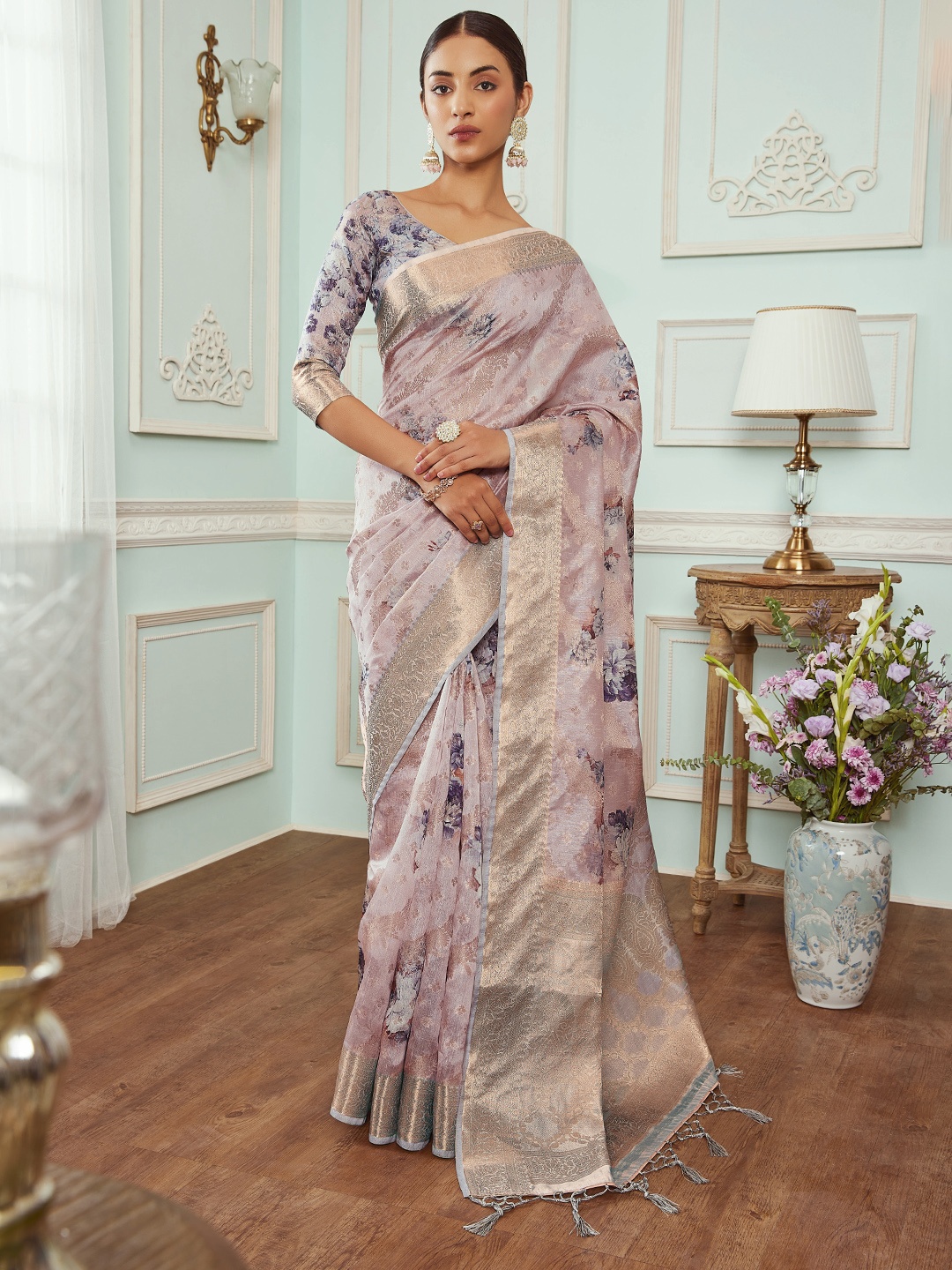 

Soch Floral Woven Design Zari Pure Silk Chanderi Saree, Purple