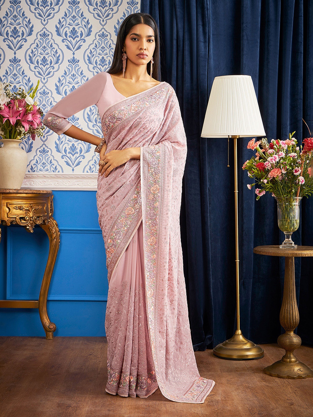 

Soch Floral Embroidered Pure Georgette Saree, Purple