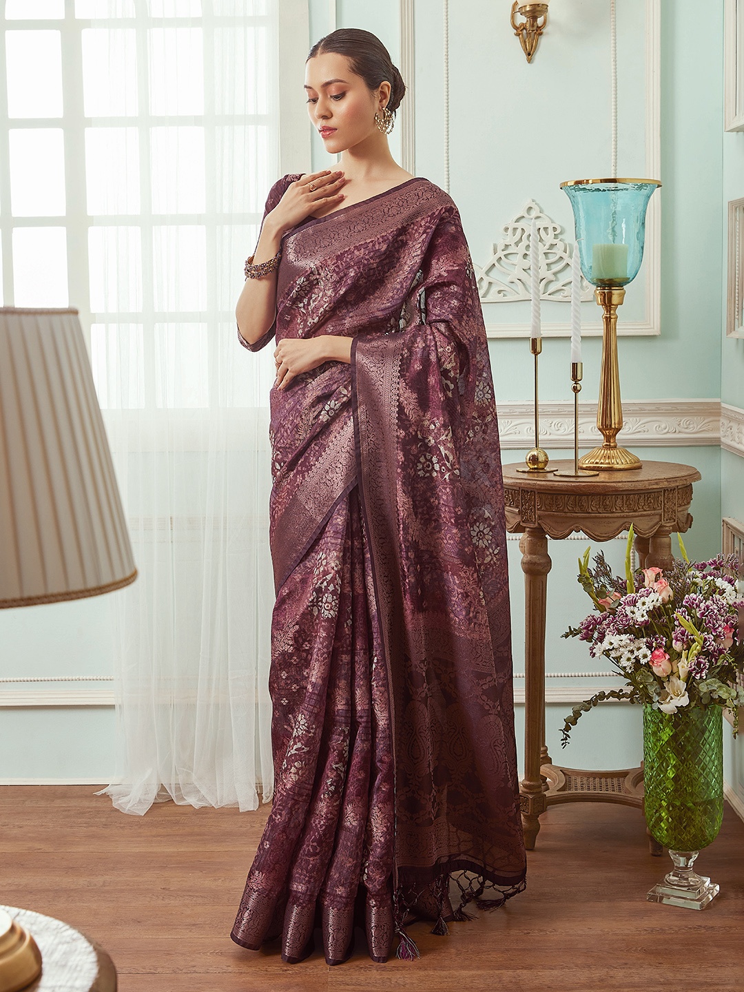 

Soch Ethnic Motifs Woven Design Zari Pure Silk Chanderi Saree, Purple