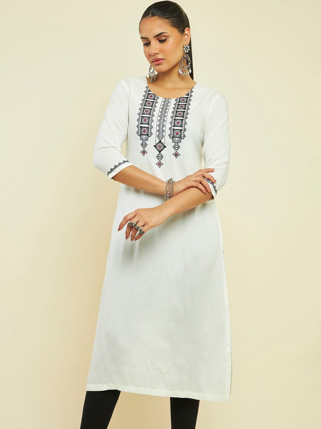 

Soch Ethnic Motifs Yoke Design Embroidered Thread Work Straight Kurta, Off white