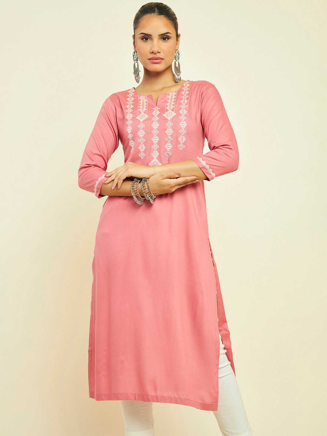 

Soch Ethnic Motifs Embroidered Mirror Work Kurta, Coral