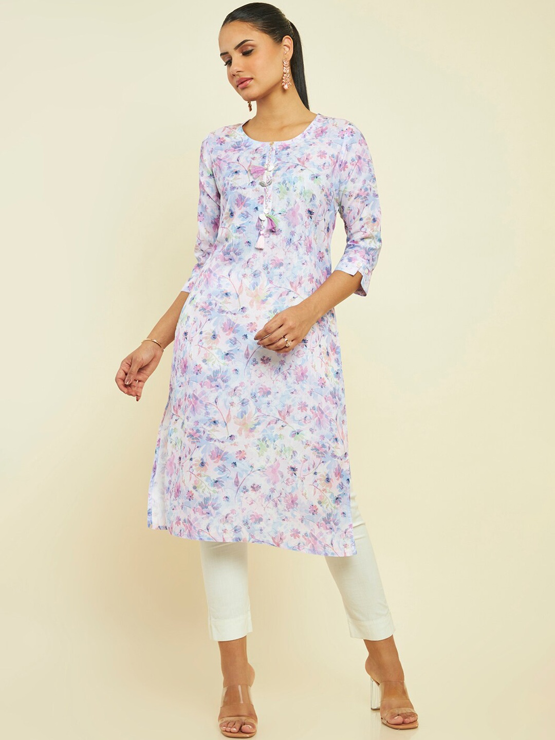 

Soch Floral Printed Linen Straight Kurta, Purple