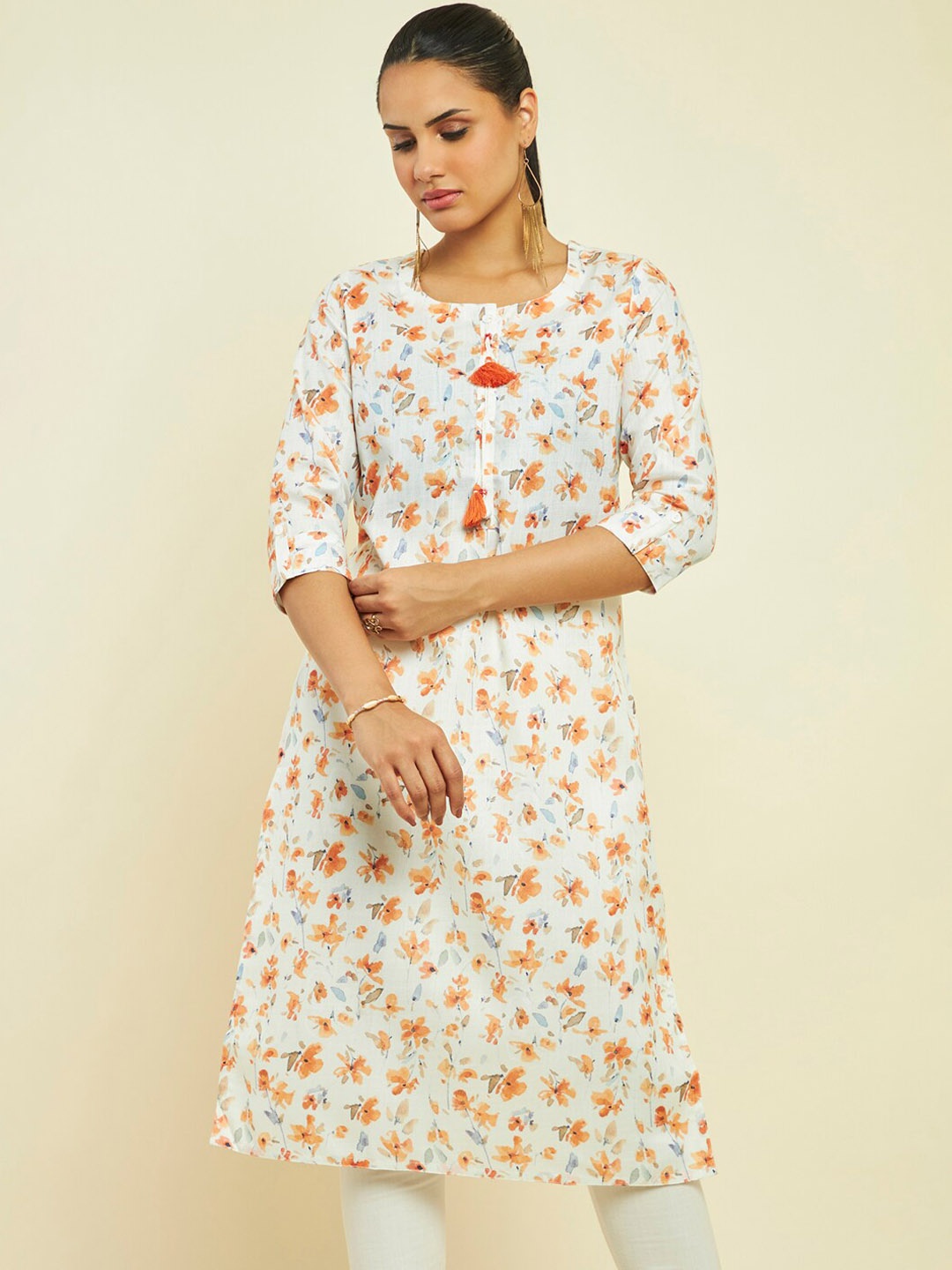 

Soch Floral Printed Linen Kurta, Cream