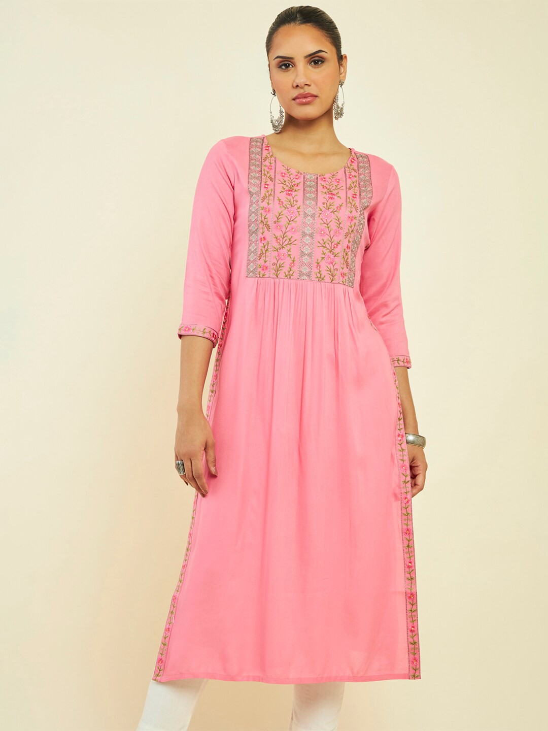 

Soch Floral Yoke Design Thread Work Straight Kurta, Pink