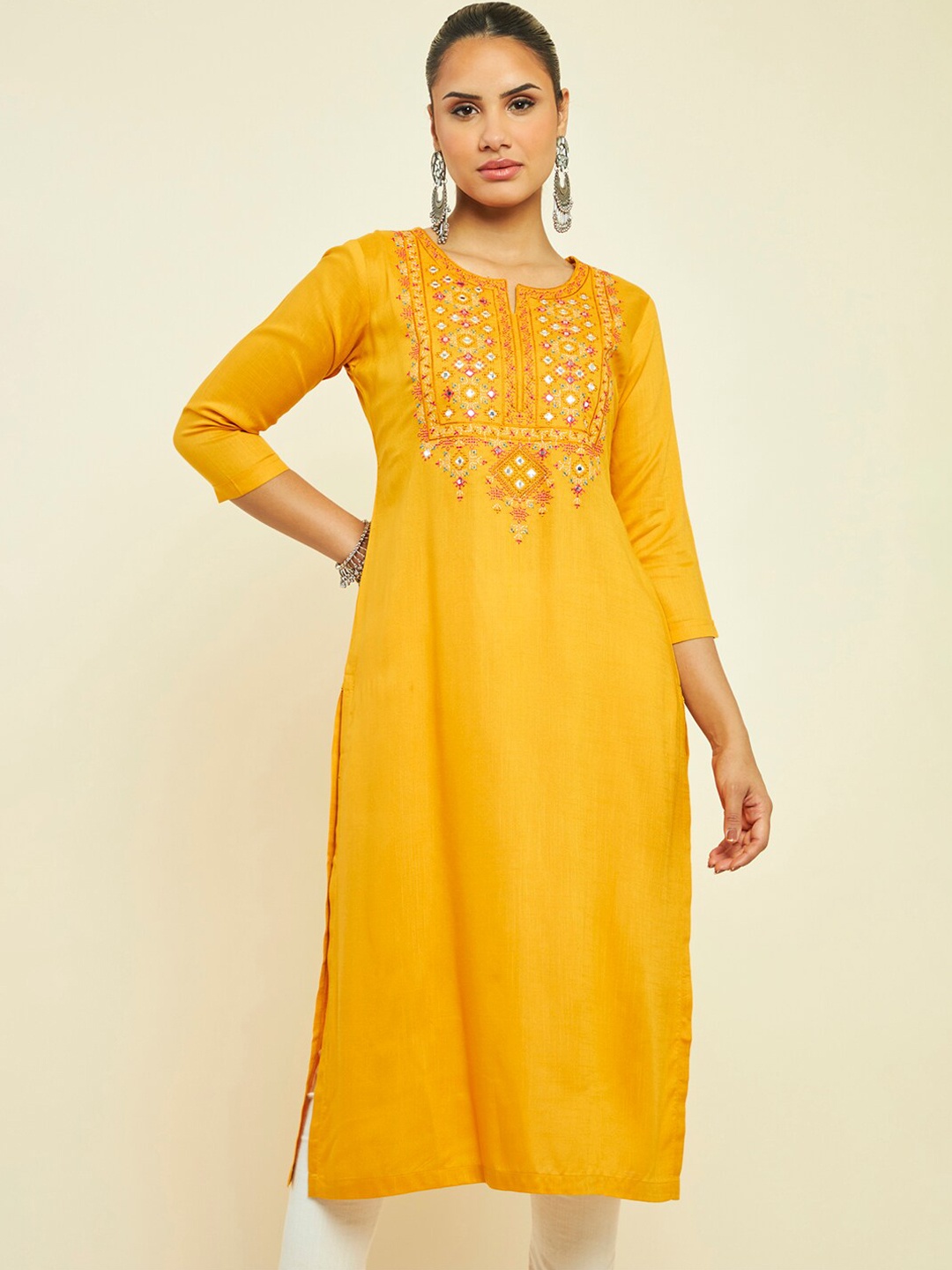 

Soch Geometric Yoke Design Notched Neck Thread Work Kurta, Mustard