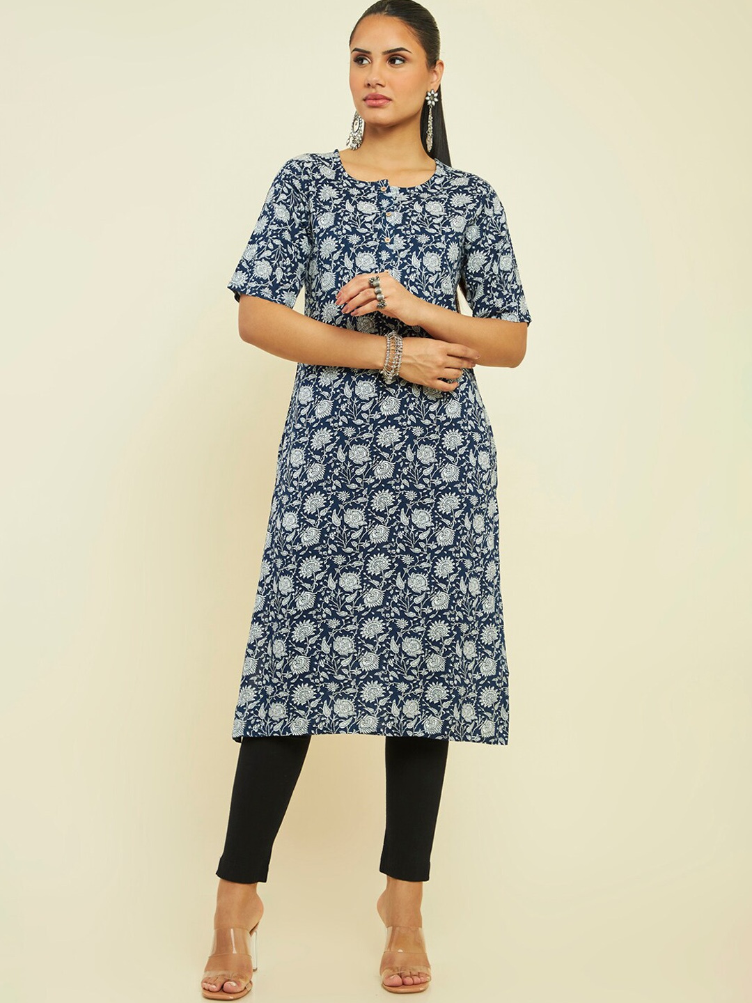 Soch Floral Printed Straight Kurta, Navy blue