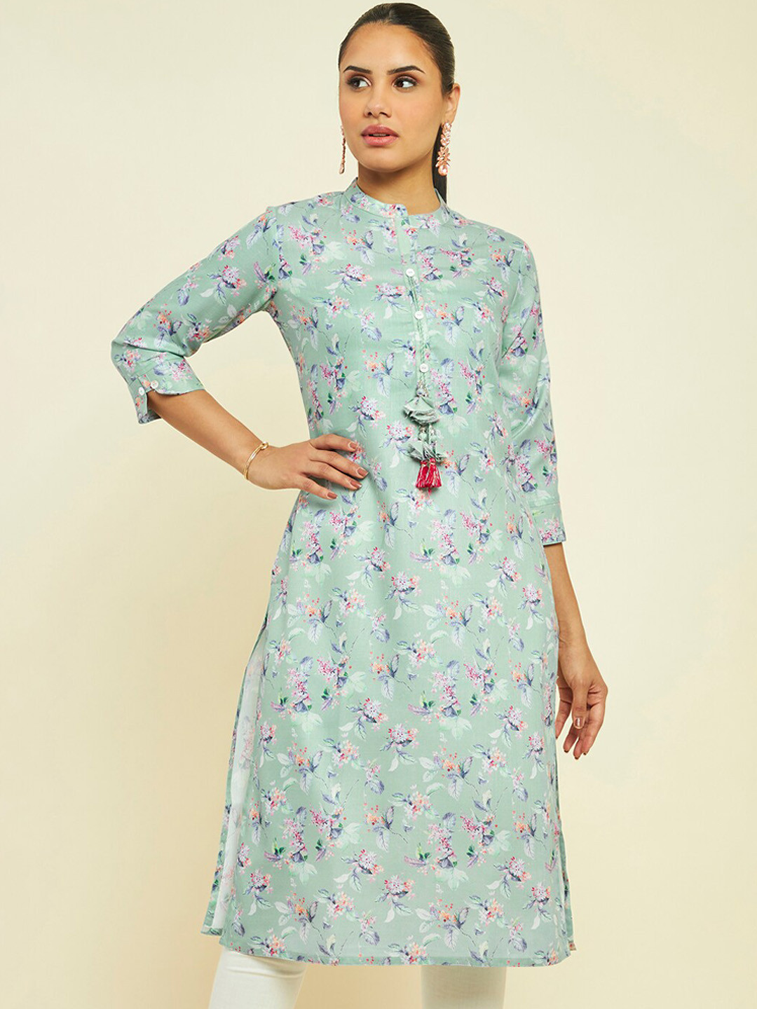 

Soch Floral Printed Band Collar Linen Straight Kurta, Sea green