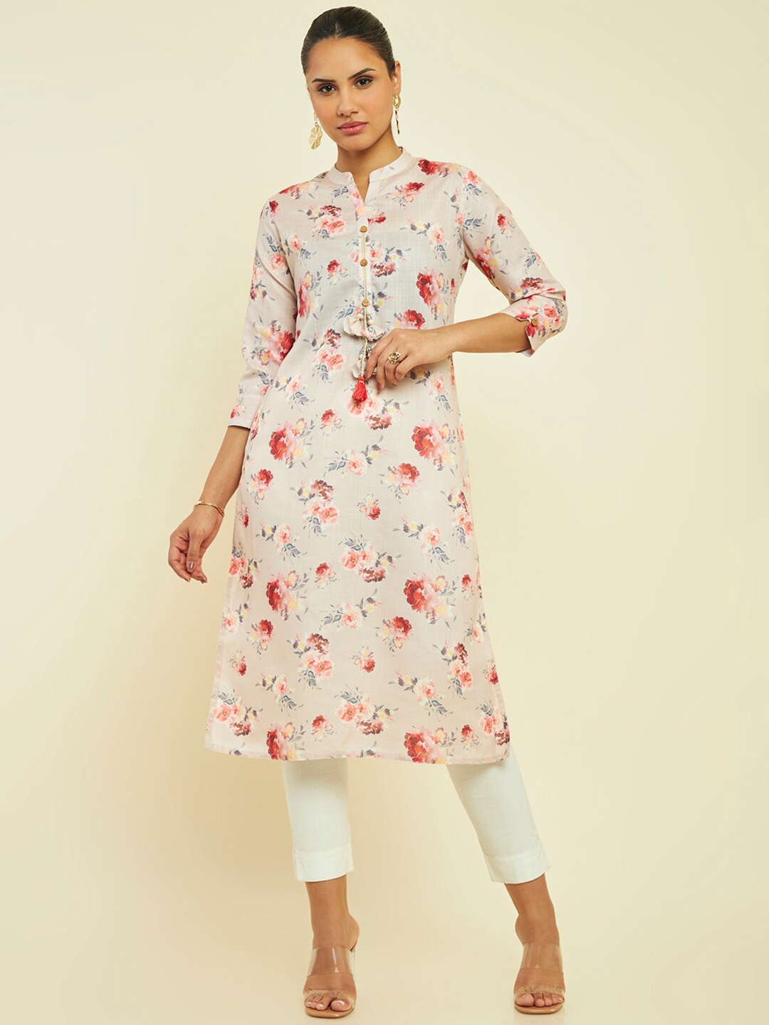 

Soch Floral Printed Band Collar Linen Straight Kurta, Beige