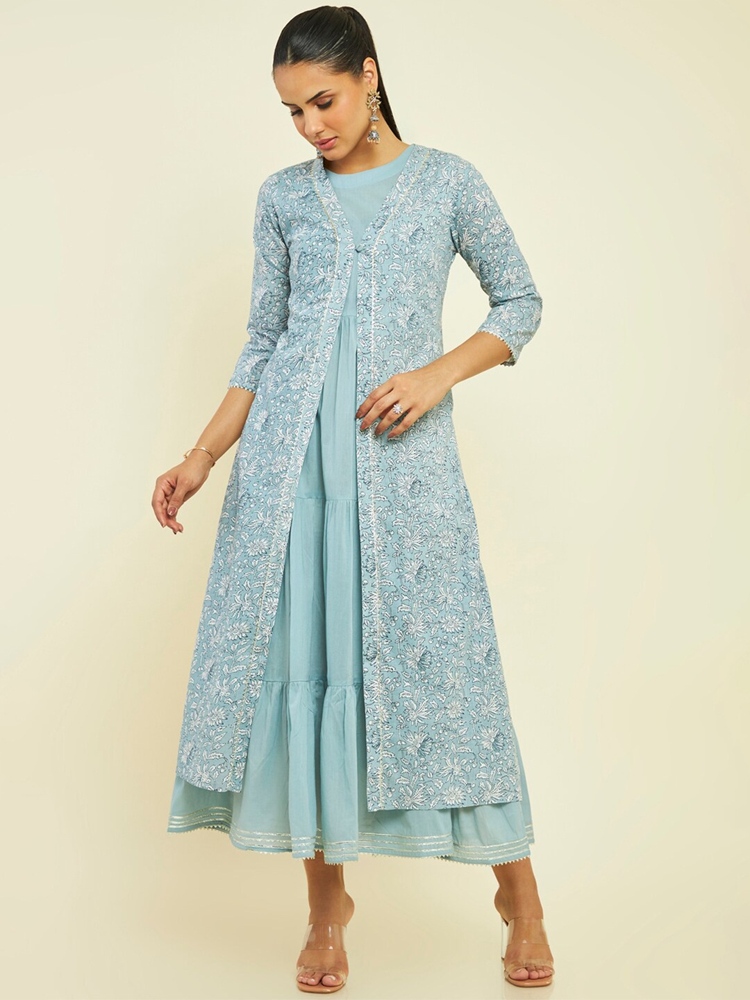 

Soch Tiered Cotton Fit And Flare Ethnic Dress With Printed Longline Jacket, Blue