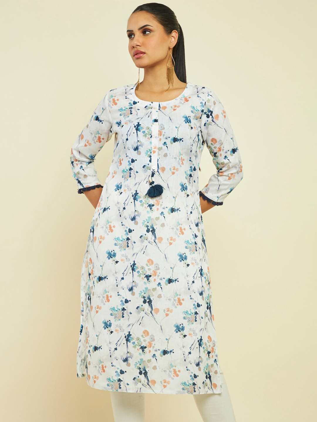 

Soch Floral Printed Linen Straight Kurta, Off white