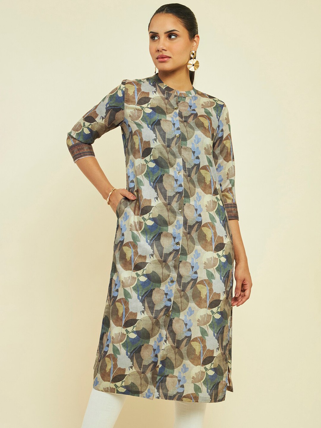

Soch Floral Printed Band Collar Straight Kurta, Beige