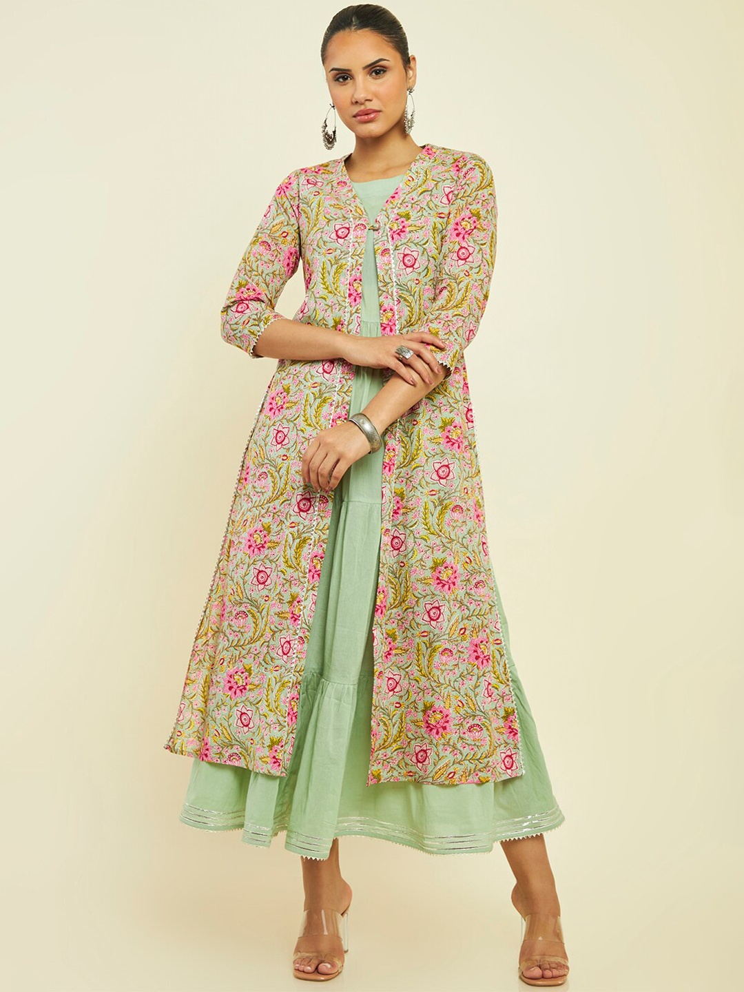 

Soch Floral Printed Pure Cotton Fit & Flare Midi Ethnic Dress With Jacket, Green