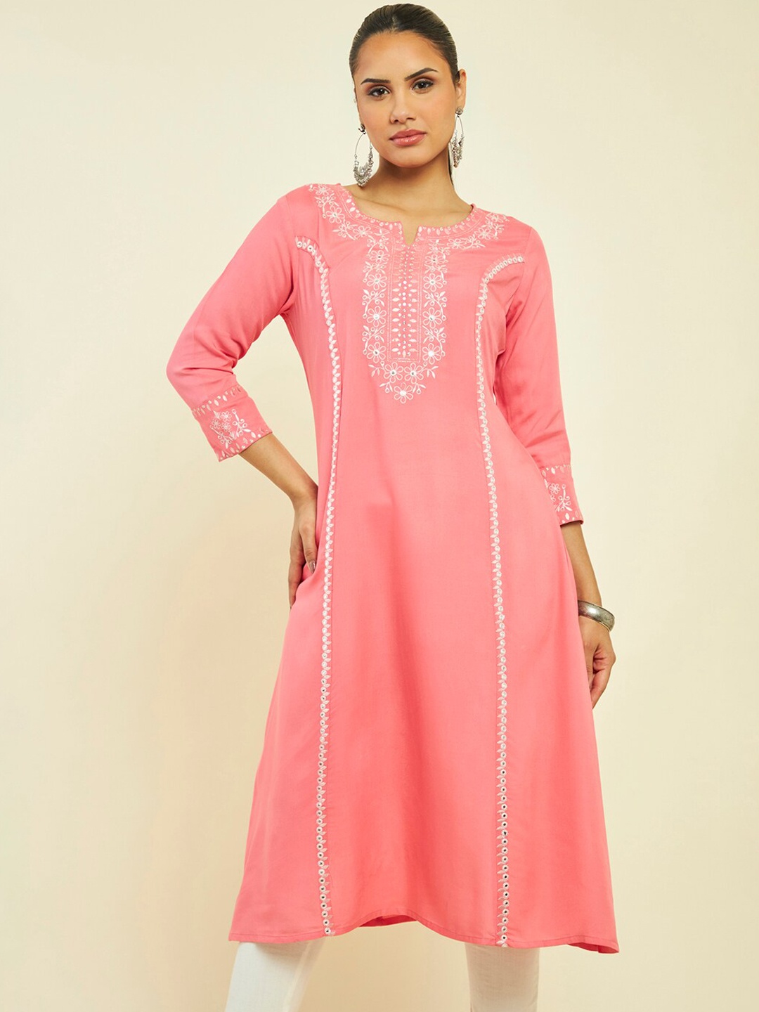 

Soch Floral Embroidered Thread Work A-Line Kurta, Coral