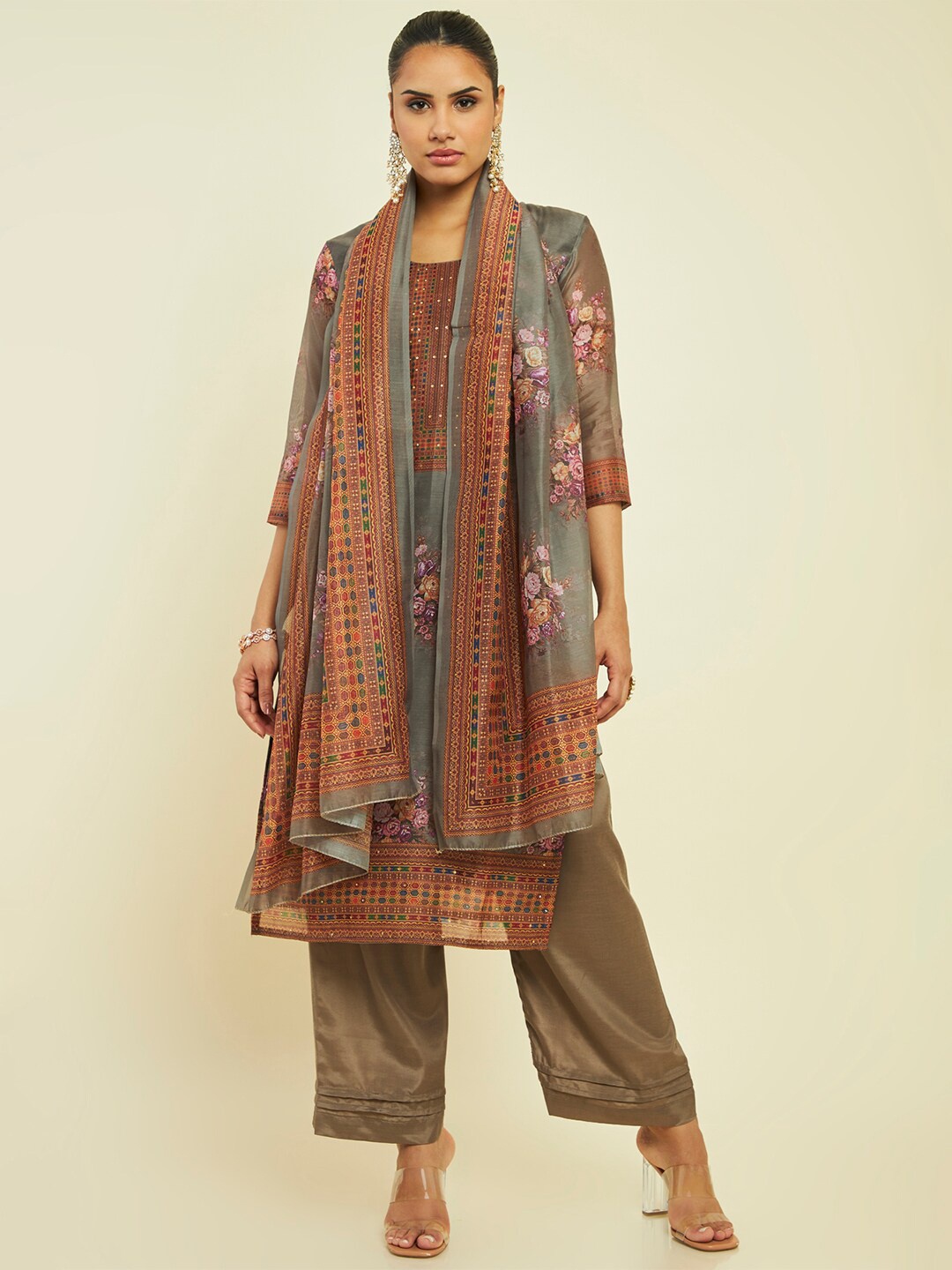

Soch Printed Unstitched Dress Material, Olive