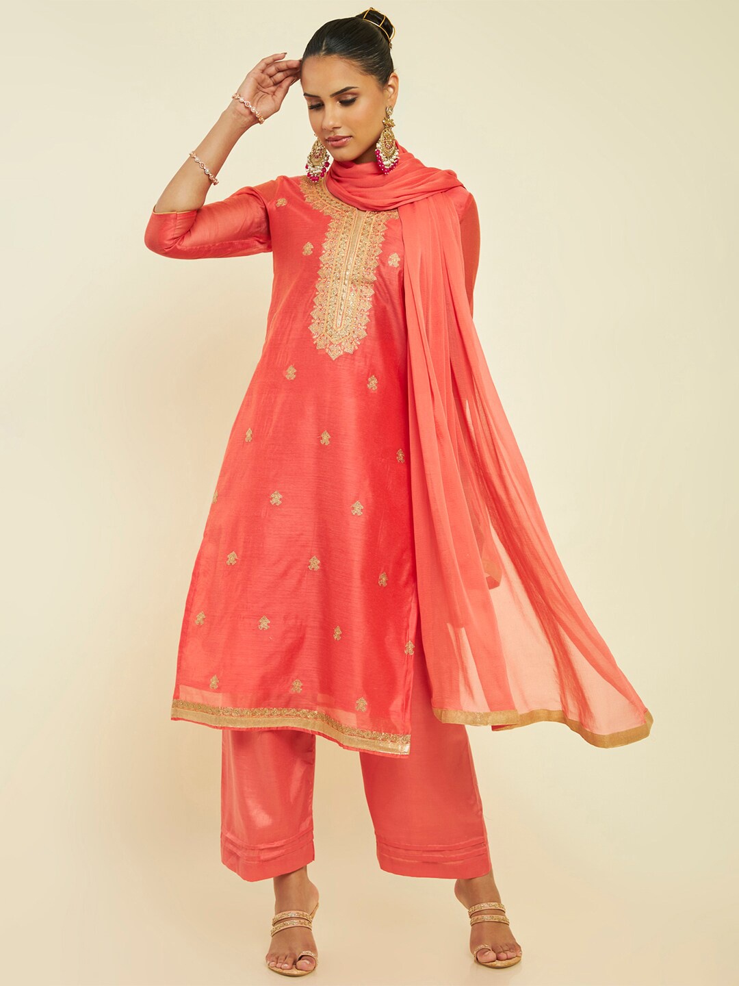 

Soch Embroidered Unstitched Dress Material, Coral