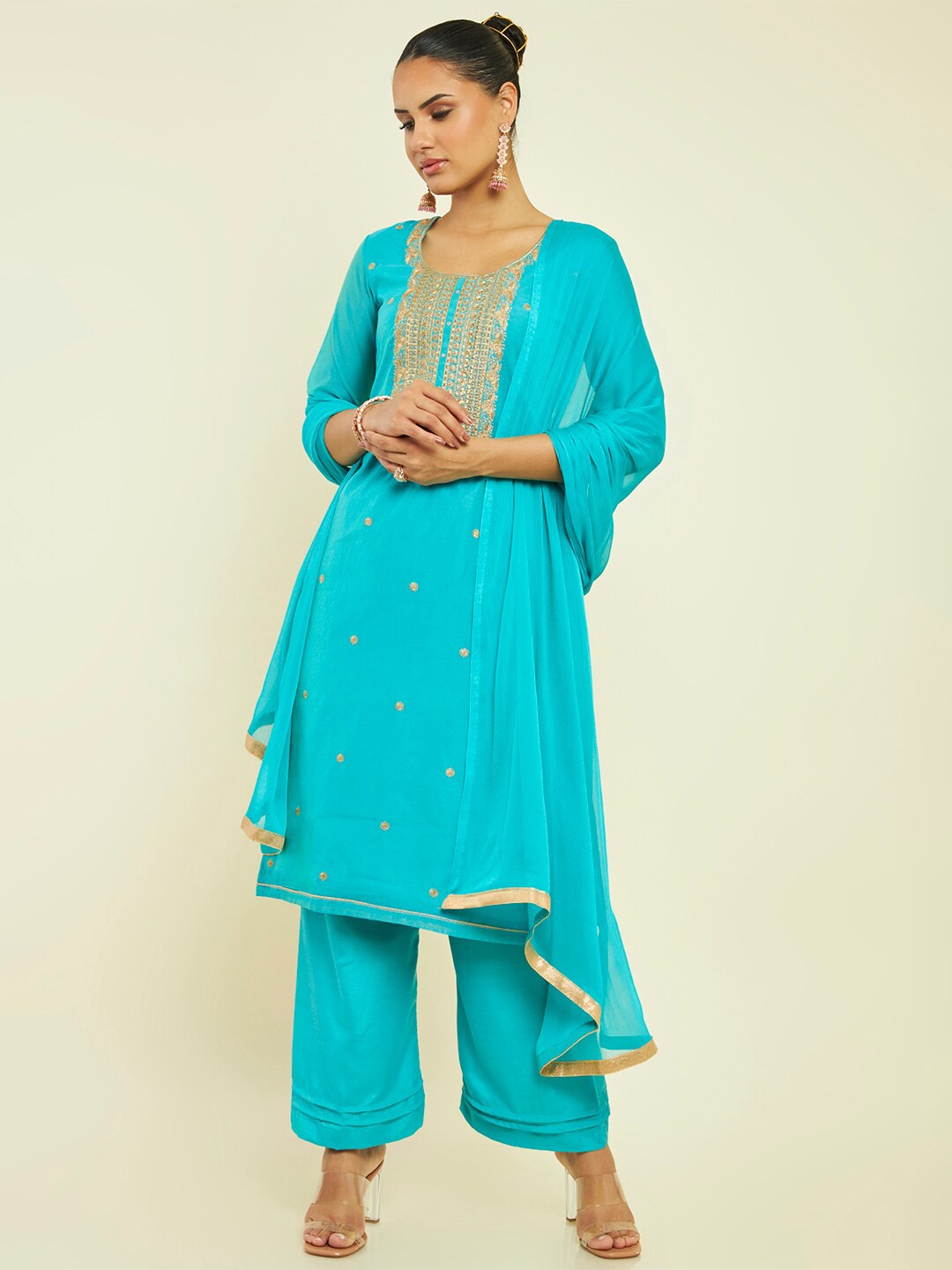 

Soch Embroidered Zari Unstitched Dress Material, Turquoise blue