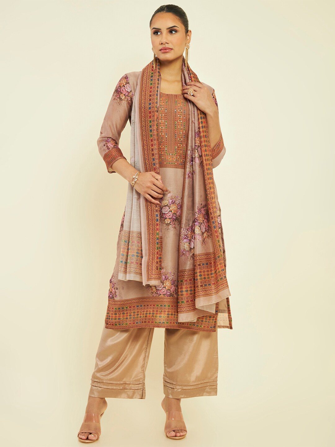 

Soch Floral Printed Unstitched Dress Material, Brown