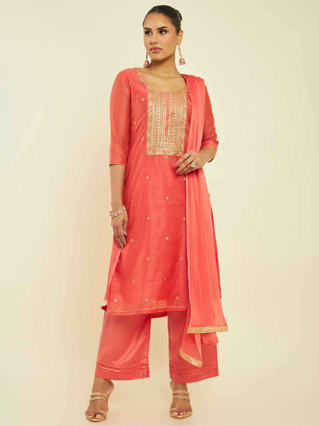 

Soch Embroidered Unstitched Dress Material, Coral