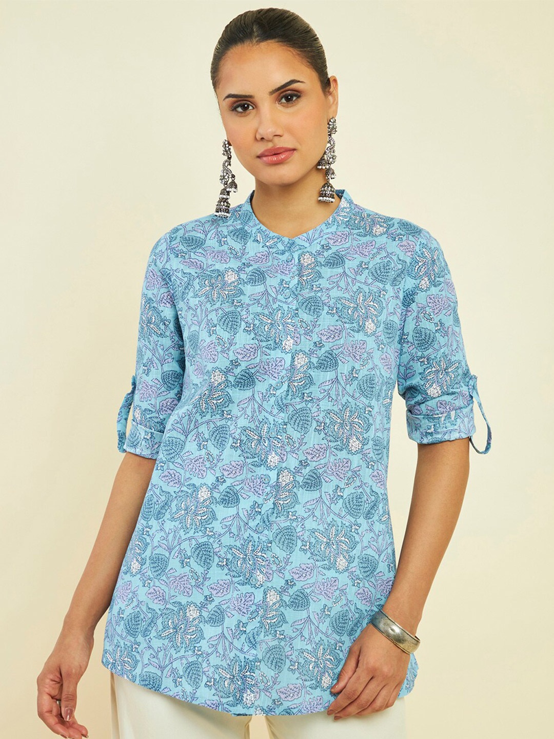 

Soch Floral Printed Cotton Mandarin Collar Roll-Up Sleeves Tunic, Blue