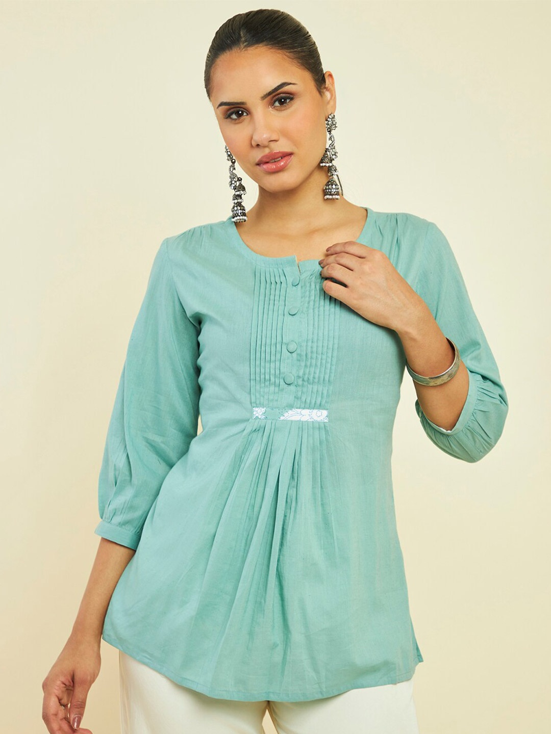 

Soch Notched Neck Cotton Puff Sleeves Tunic, Sea green