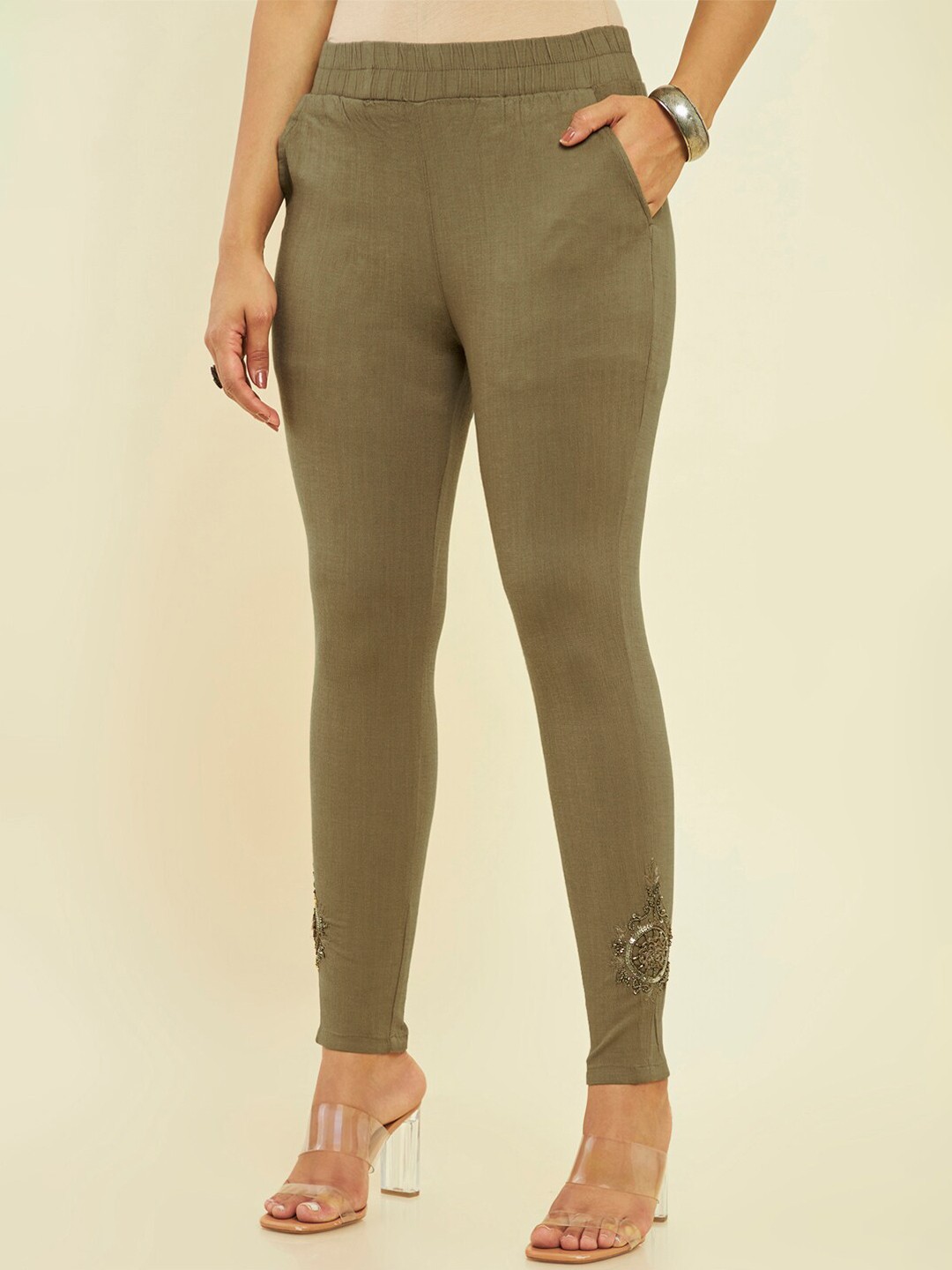 

Soch Mid-Rise Cotton Ankle-Length Leggings, Olive