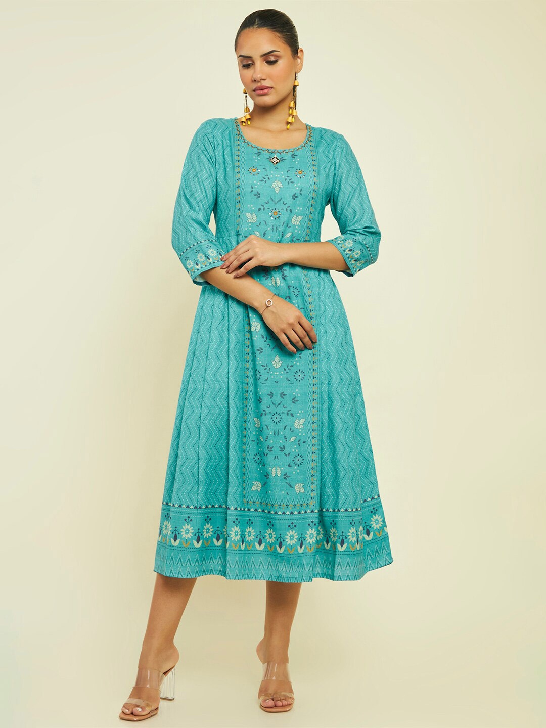 

Soch Ethnic Motifs Printed A-Line Midi Ethnic Dress, Turquoise blue